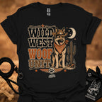 Wild West Woof Unit II T-shirt in black, Western dog and cactus graphic.