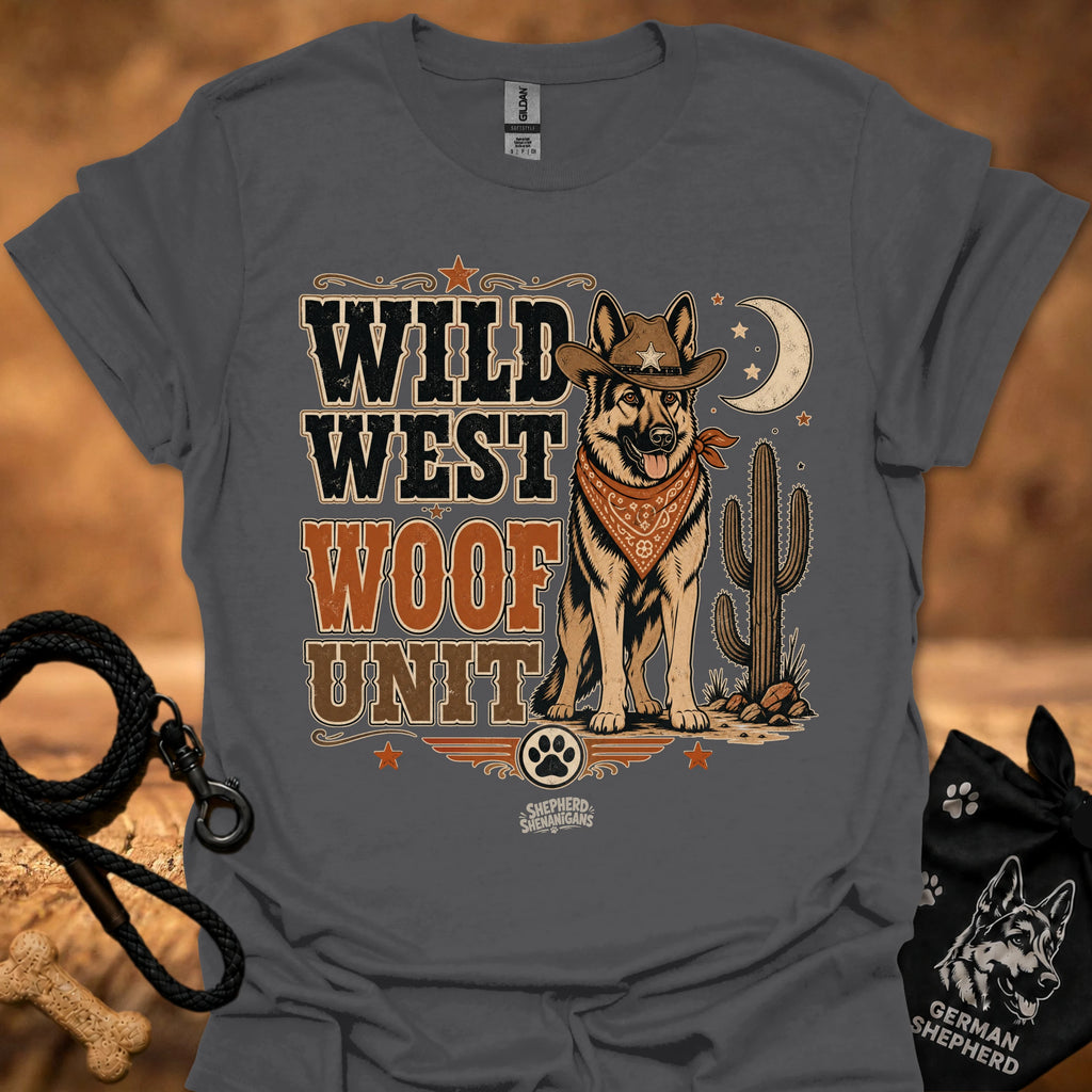 Wild West Woof Unit II T-shirt in charcoal gray, Western dog and cactus graphic.
