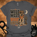 Wild West Woof Unit II T-shirt in charcoal gray, Western dog and cactus graphic.