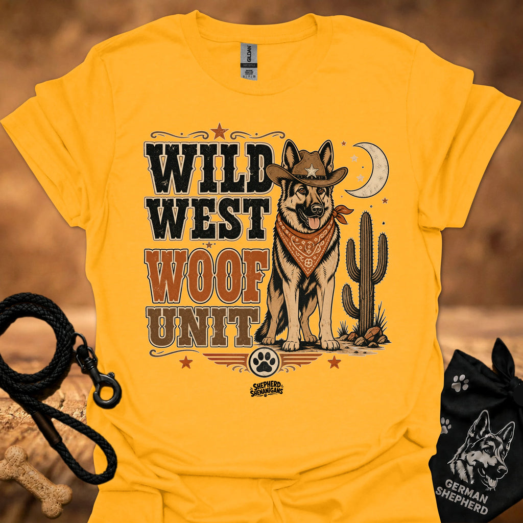Wild West Woof Unit II T-shirt in gold yellow, Western dog and cactus graphic.