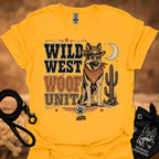 Wild West Woof Unit II T-shirt in gold yellow, Western dog and cactus graphic.
