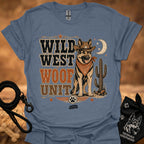 Wild West Woof Unit II T-shirt in light blue, Western dog and cactus graphic.