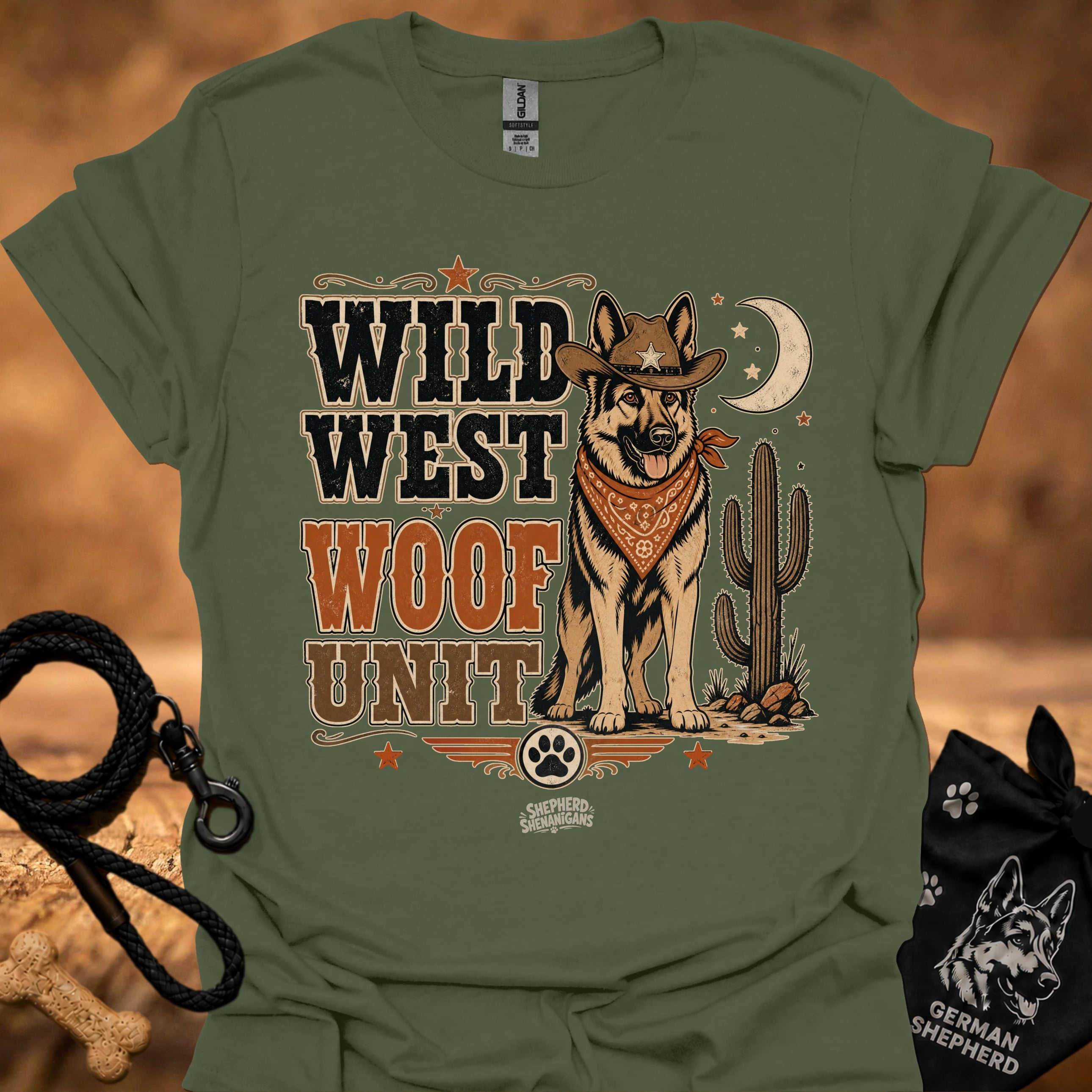 Wild West Woof Unit II T-shirt in military green, Western dog and cactus graphic.