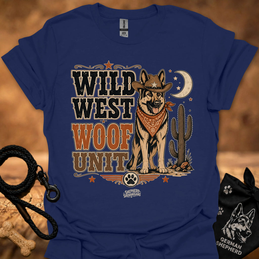 Wild West Woof Unit II T-shirt in navy blue, Western dog and cactus graphic.