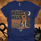 Wild West Woof Unit II T-shirt in navy blue, Western dog and cactus graphic.