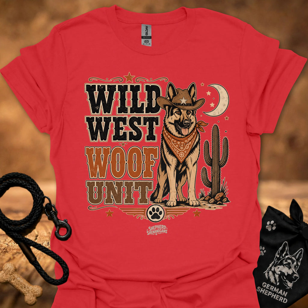 Wild West Woof Unit II T-shirt in red, Western dog and cactus graphic.