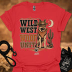 Wild West Woof Unit II T-shirt in red, Western dog and cactus graphic.