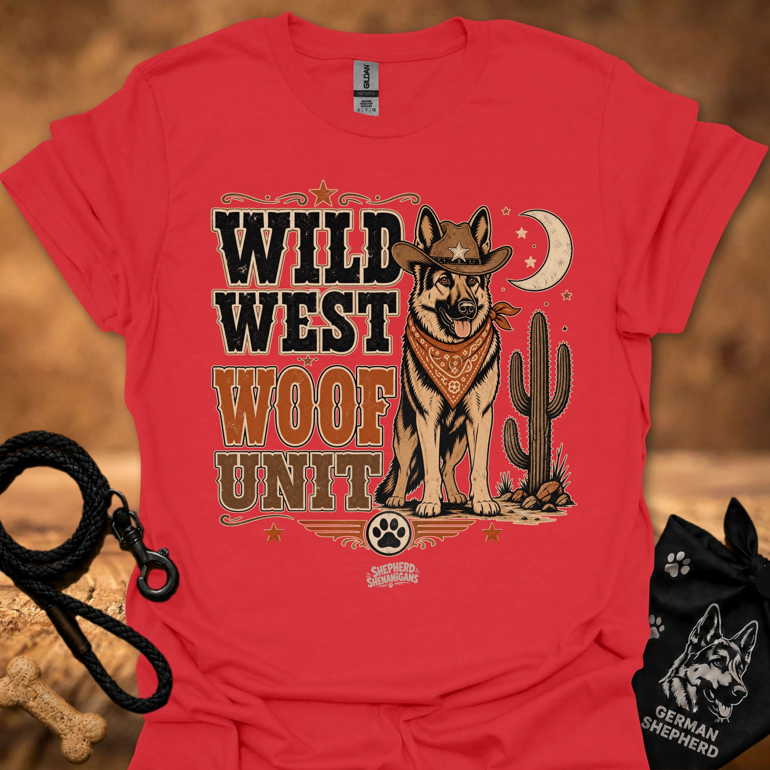 Wild West Woof Unit II T-shirt in red, Western dog and cactus graphic.
