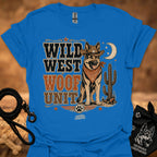 Wild West Woof Unit II T-shirt in royal blue, Western dog and cactus graphic.