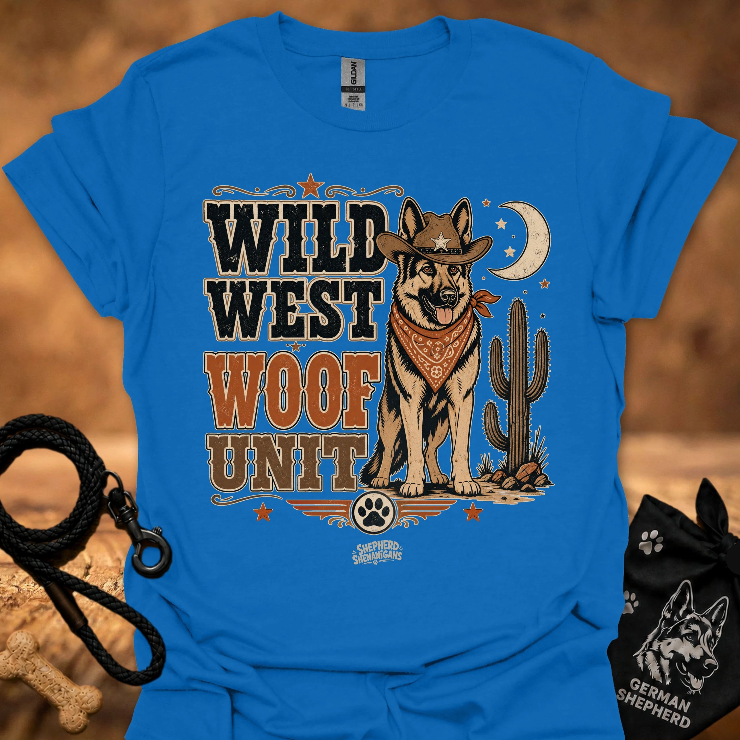 Wild West Woof Unit II T-shirt in royal blue, Western dog and cactus graphic.