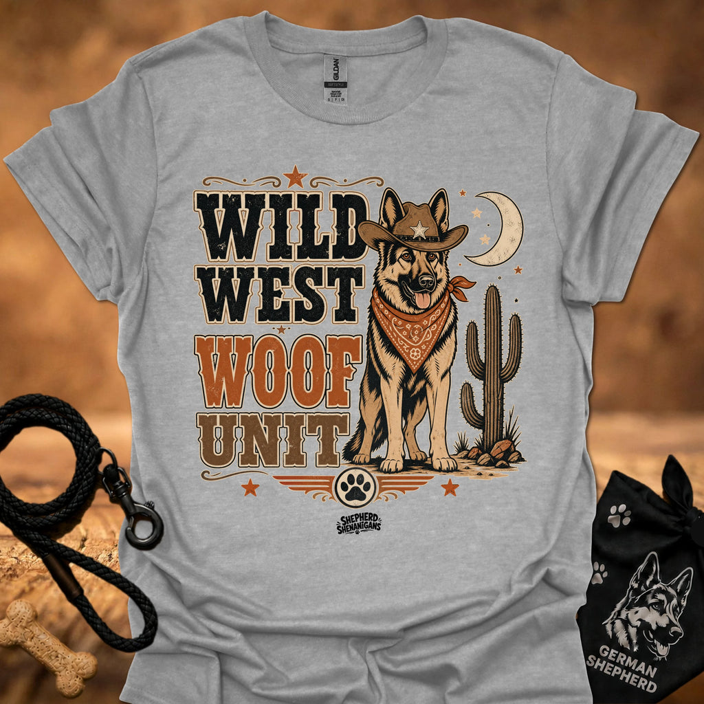 Wild West Woof Unit II T-shirt in heather gray, Western dog and cactus graphic.