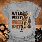 Wild West Woof Unit II T-shirt in heather gray, Western dog and cactus graphic.
