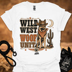 Wild West Woof Unit II T-shirt in white, Western dog and cactus graphic.
