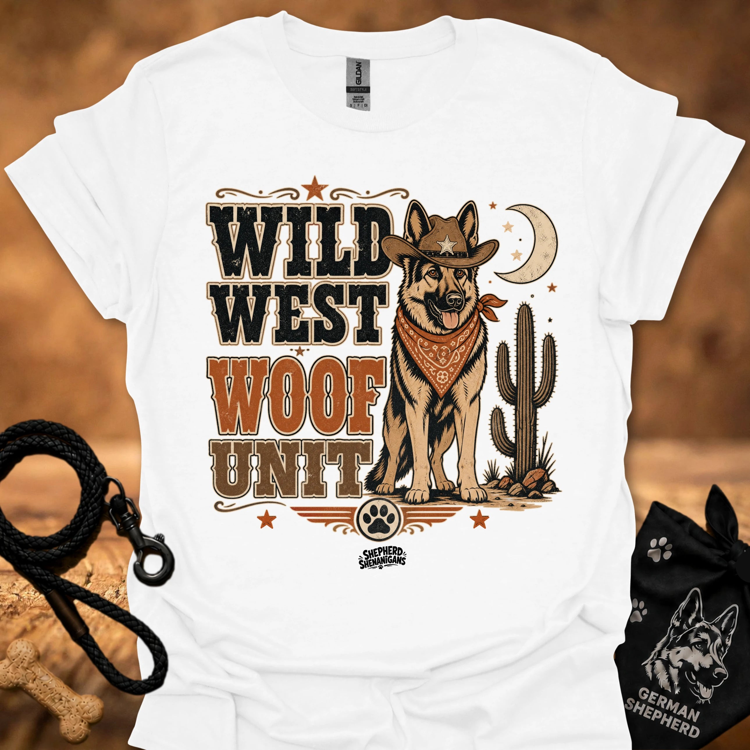 Wild West Woof Unit II T-shirt in white, Western dog and cactus graphic.