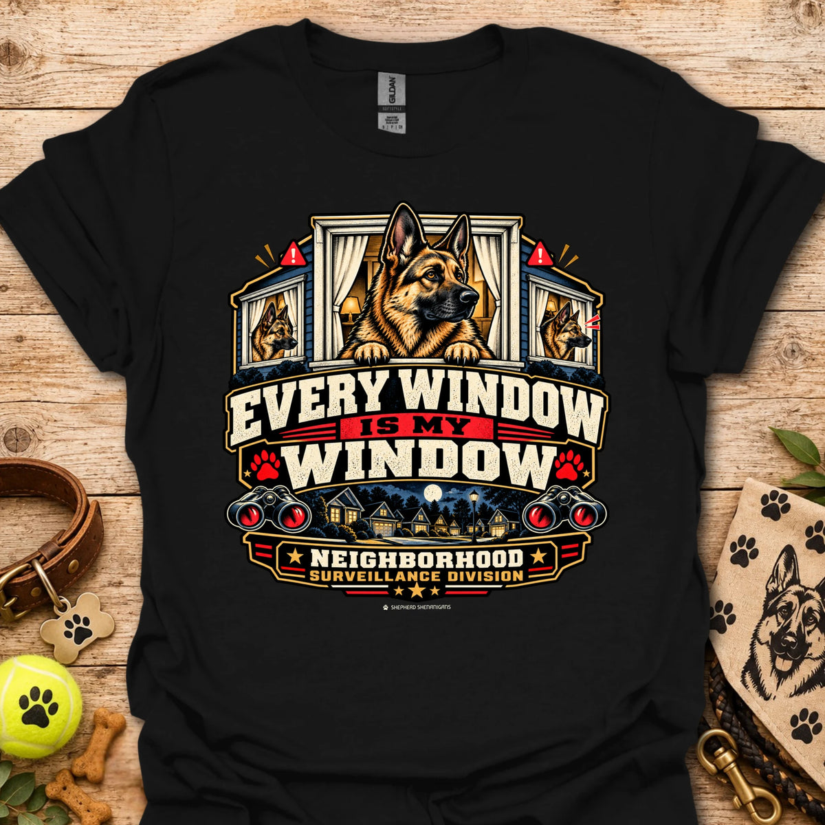 Black window-surveillance graphic t-shirt with dog in window and bold slogan