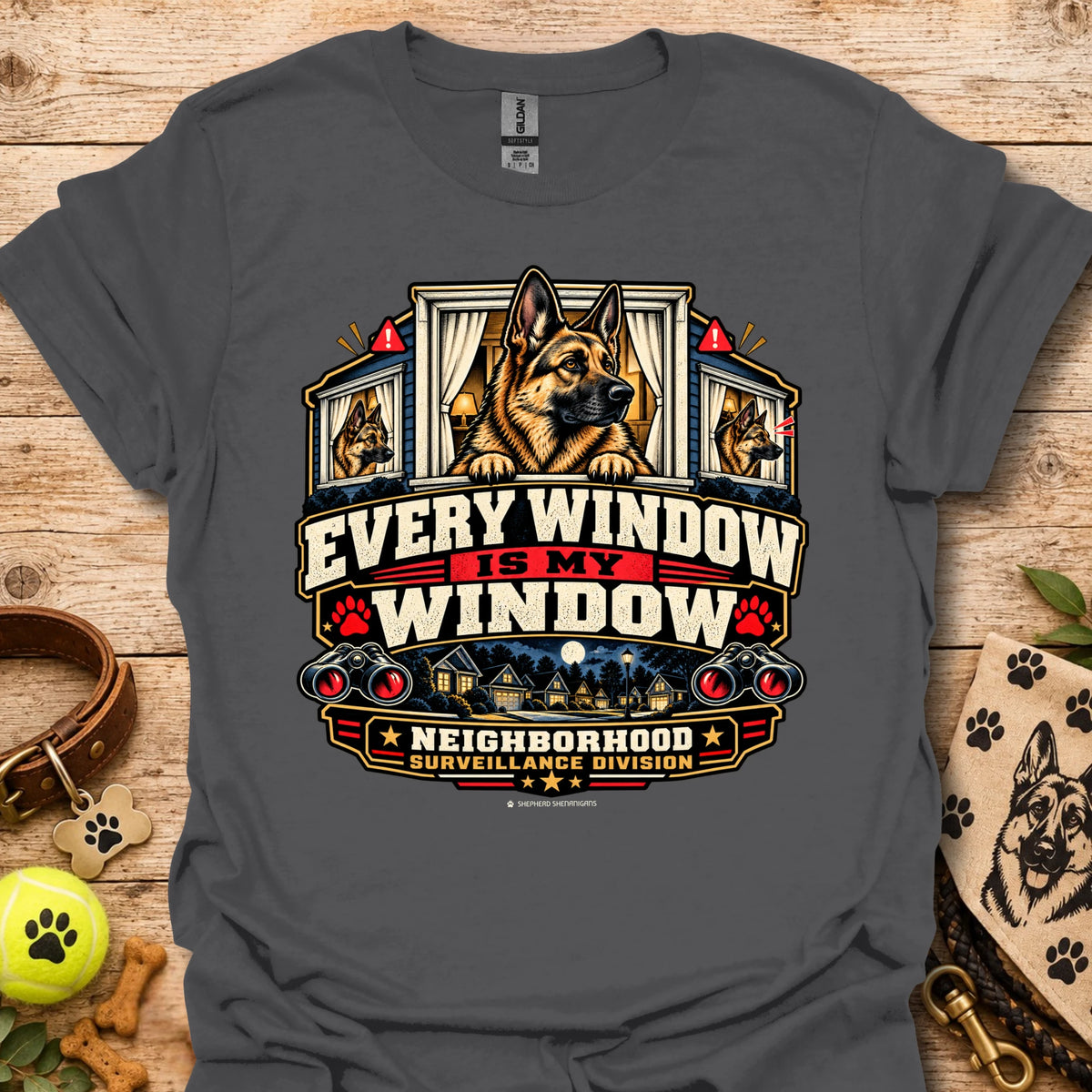 Black window-surveillance graphic t-shirt with dog in window and bold slogan art