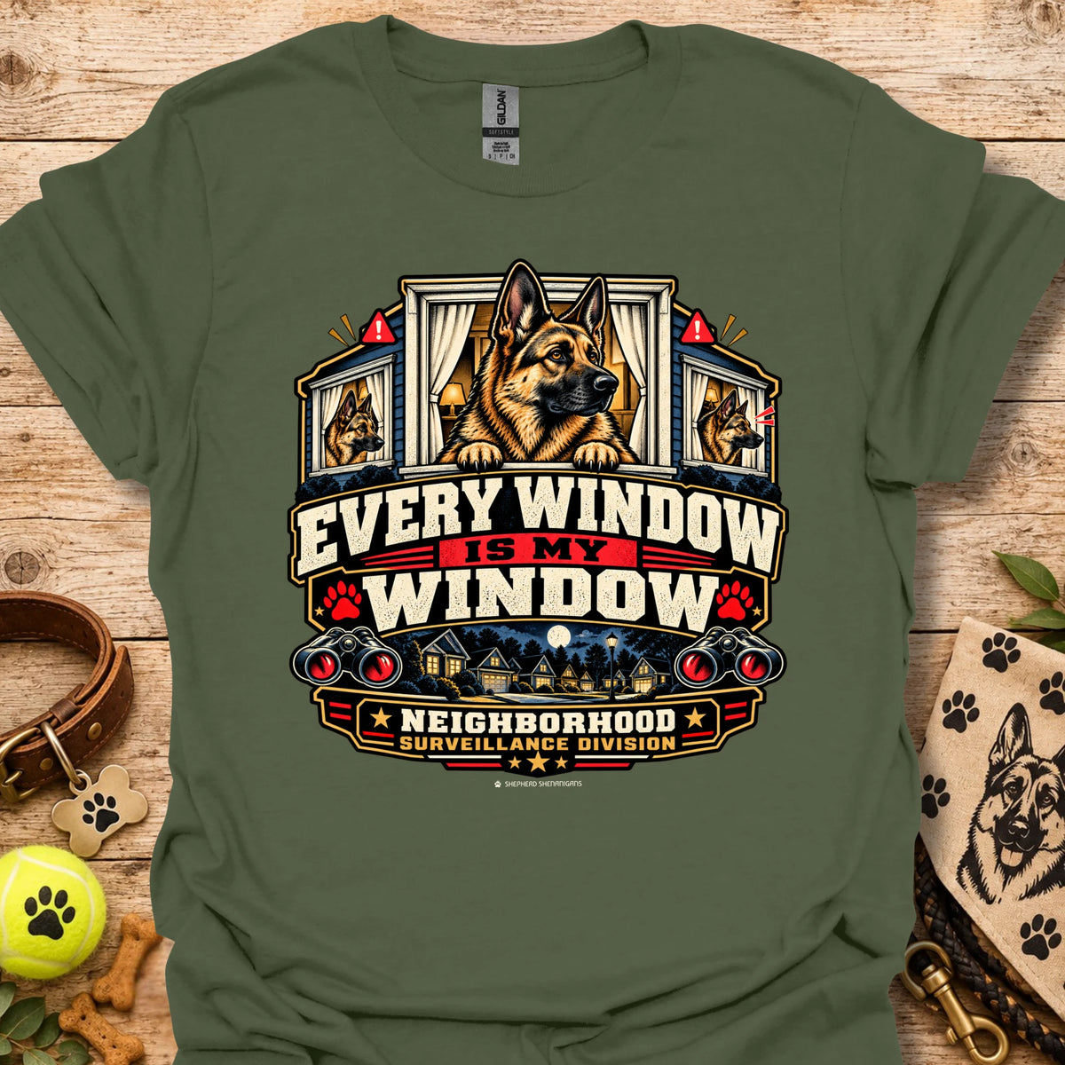 Military green window-surveillance graphic t-shirt with dog in window slogan design