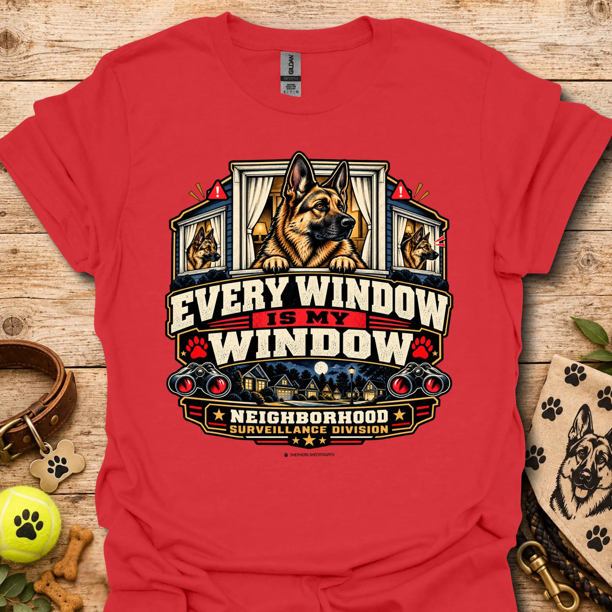 Red window-surveillance graphic t-shirt with dog in window and slogan poster art