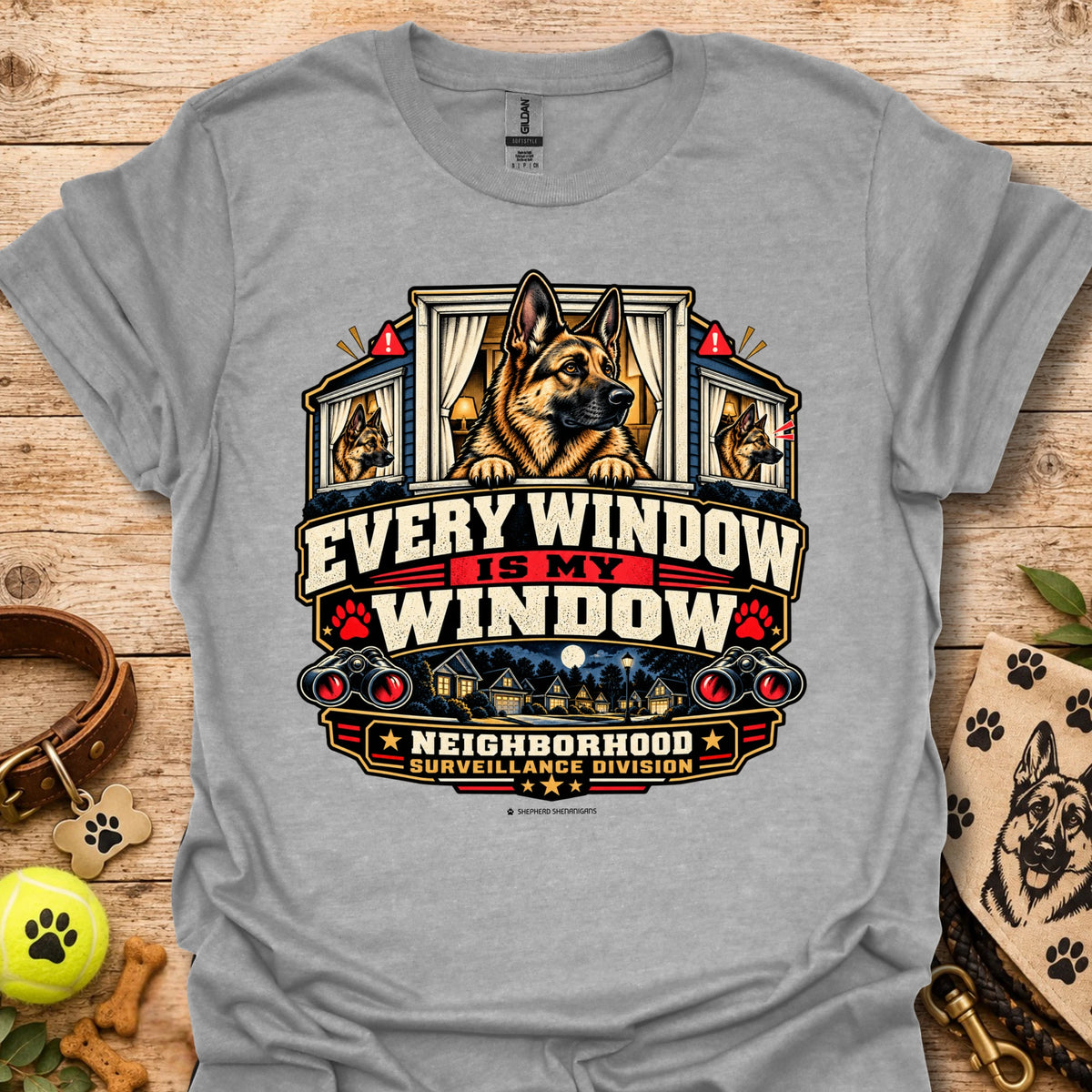 Heather gray window-surveillance graphic t-shirt with dog in window and slogan