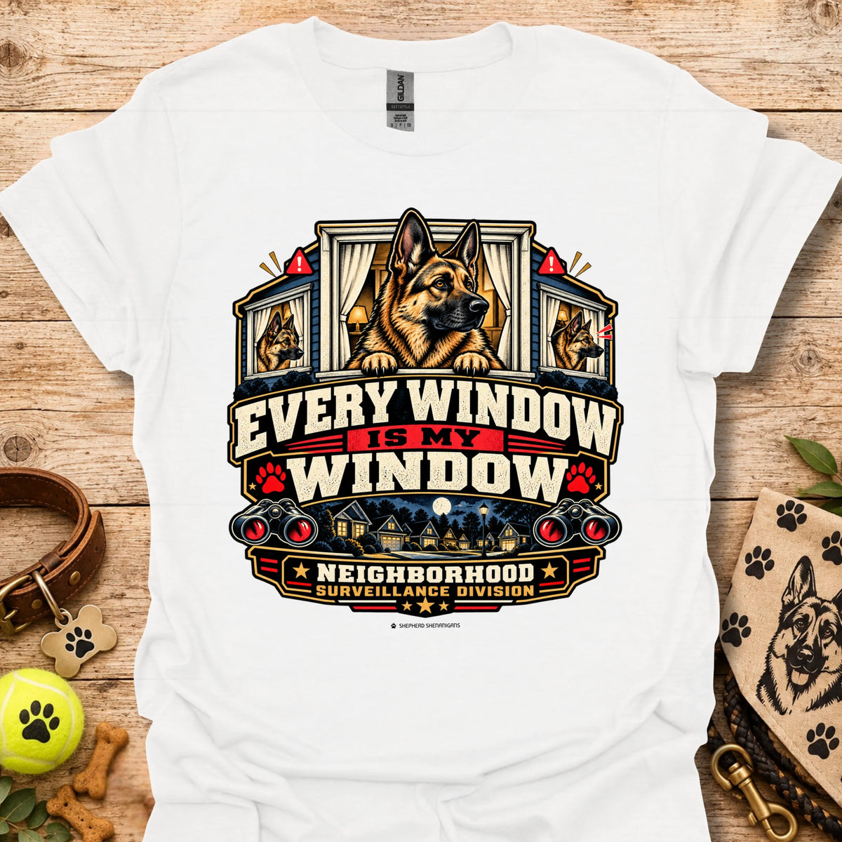 White window-surveillance graphic t-shirt with dog in window and slogan art