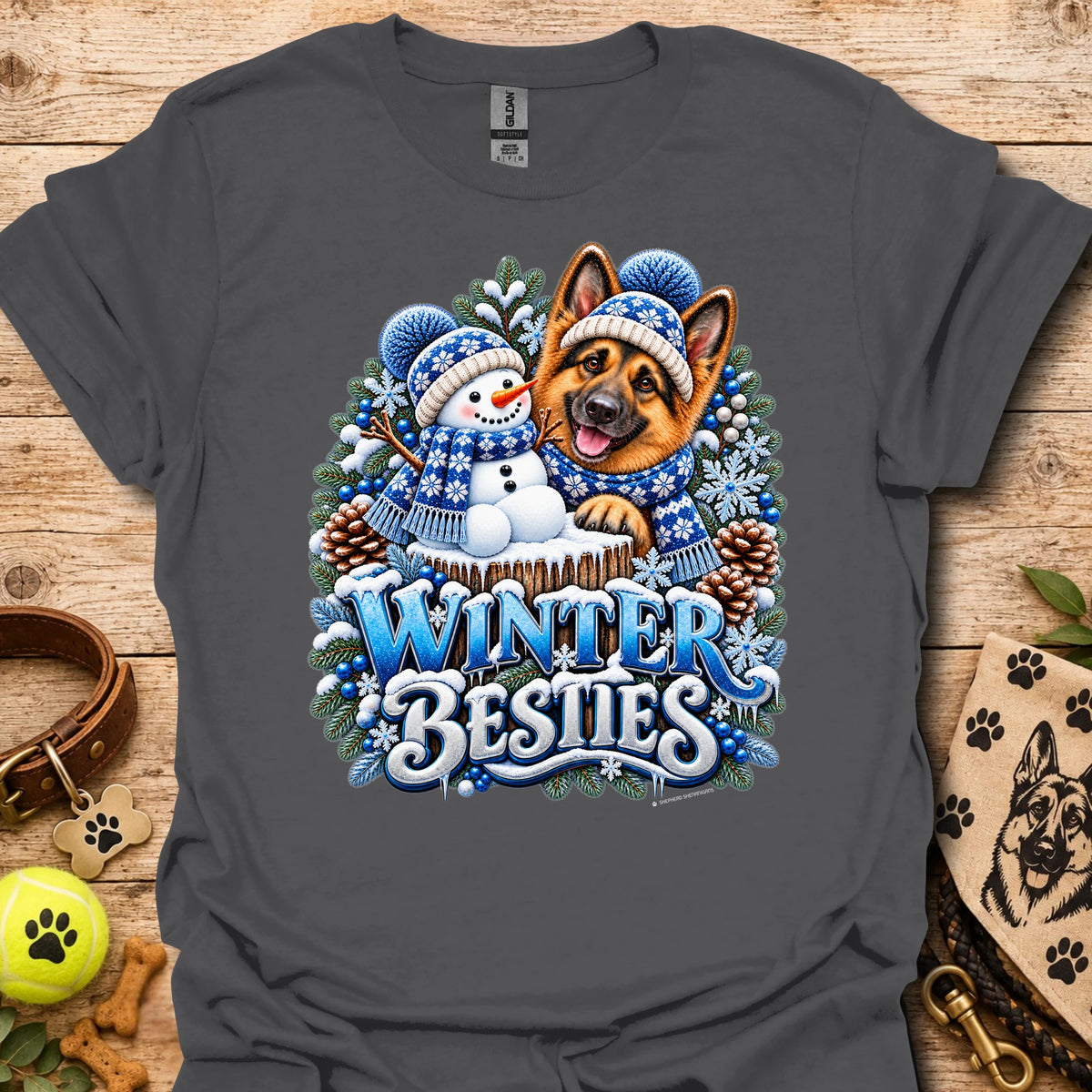 Crewneck T-shirt in dark gray with Winter Besties dog-and-snowman graphic