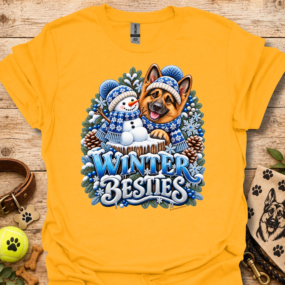 Crewneck T-shirt in gold with Winter Besties dog-and-snowman graphic