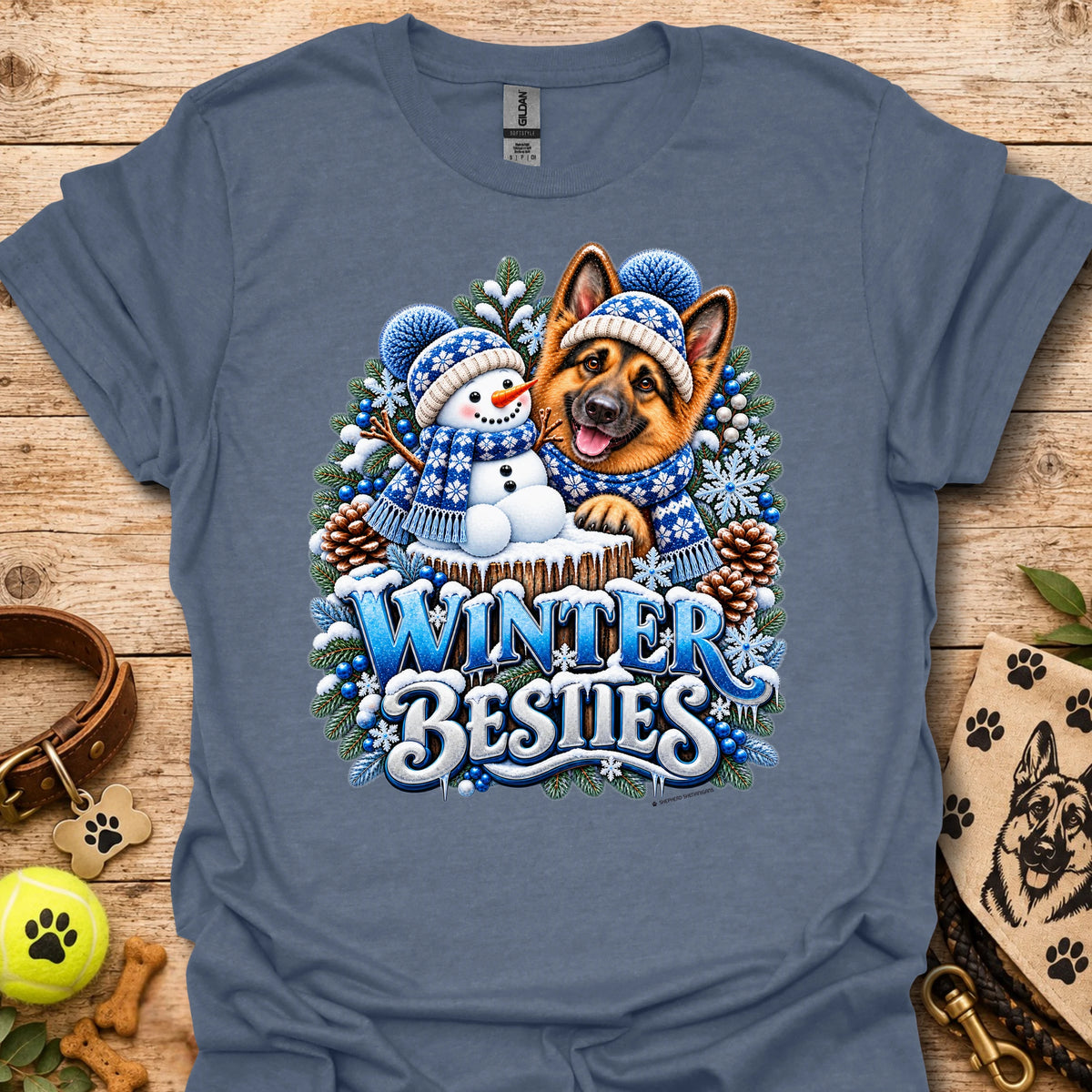 Crewneck T-shirt in slate blue with Winter Besties dog-and-snowman graphic