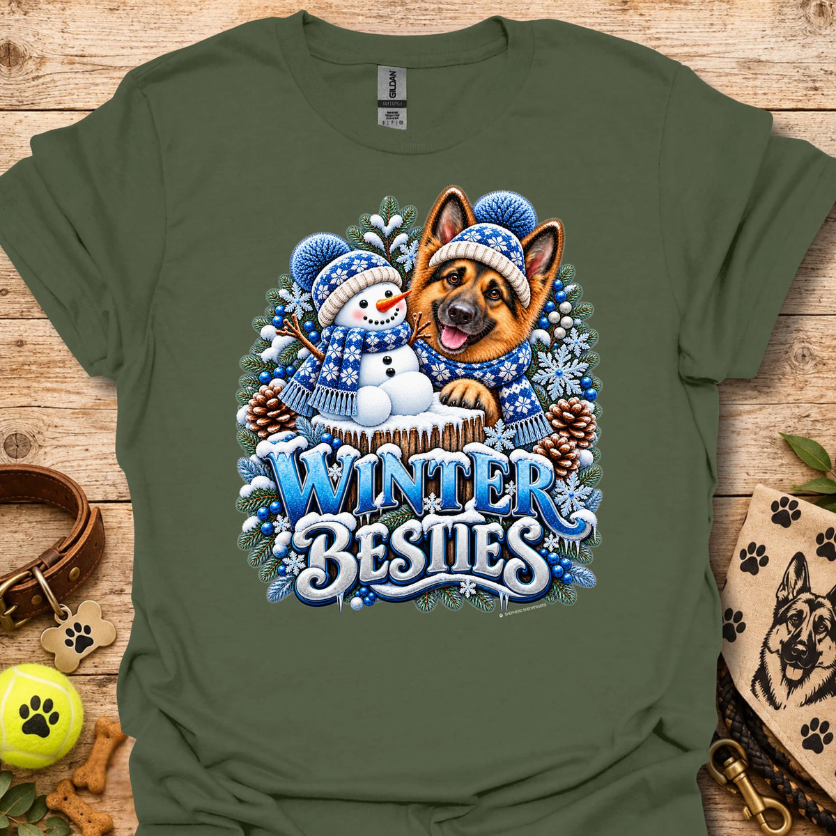 Crewneck T-shirt in military green with Winter Besties dog-and-snowman graphic