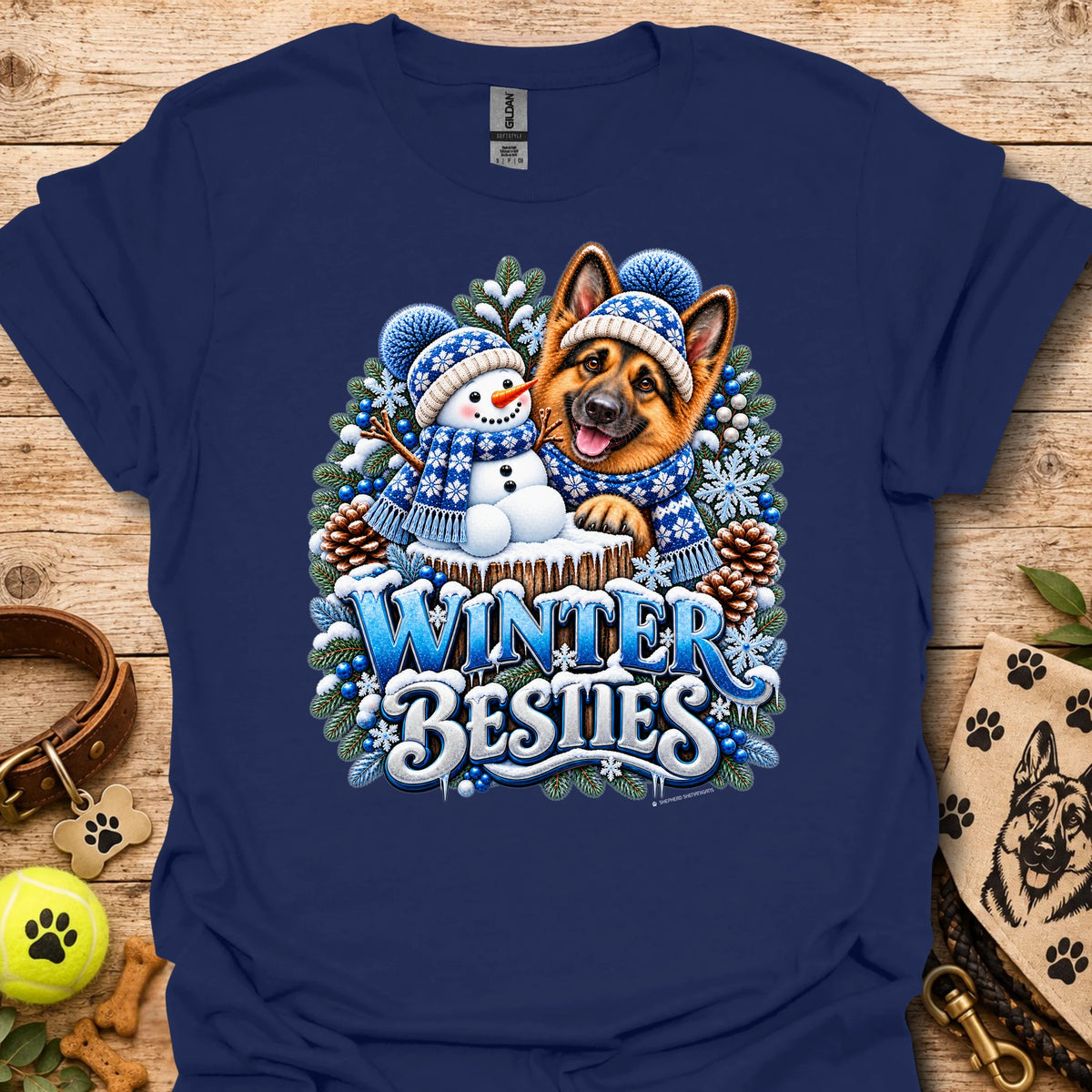 Crewneck T-shirt in navy blue with Winter Besties dog-and-snowman graphic