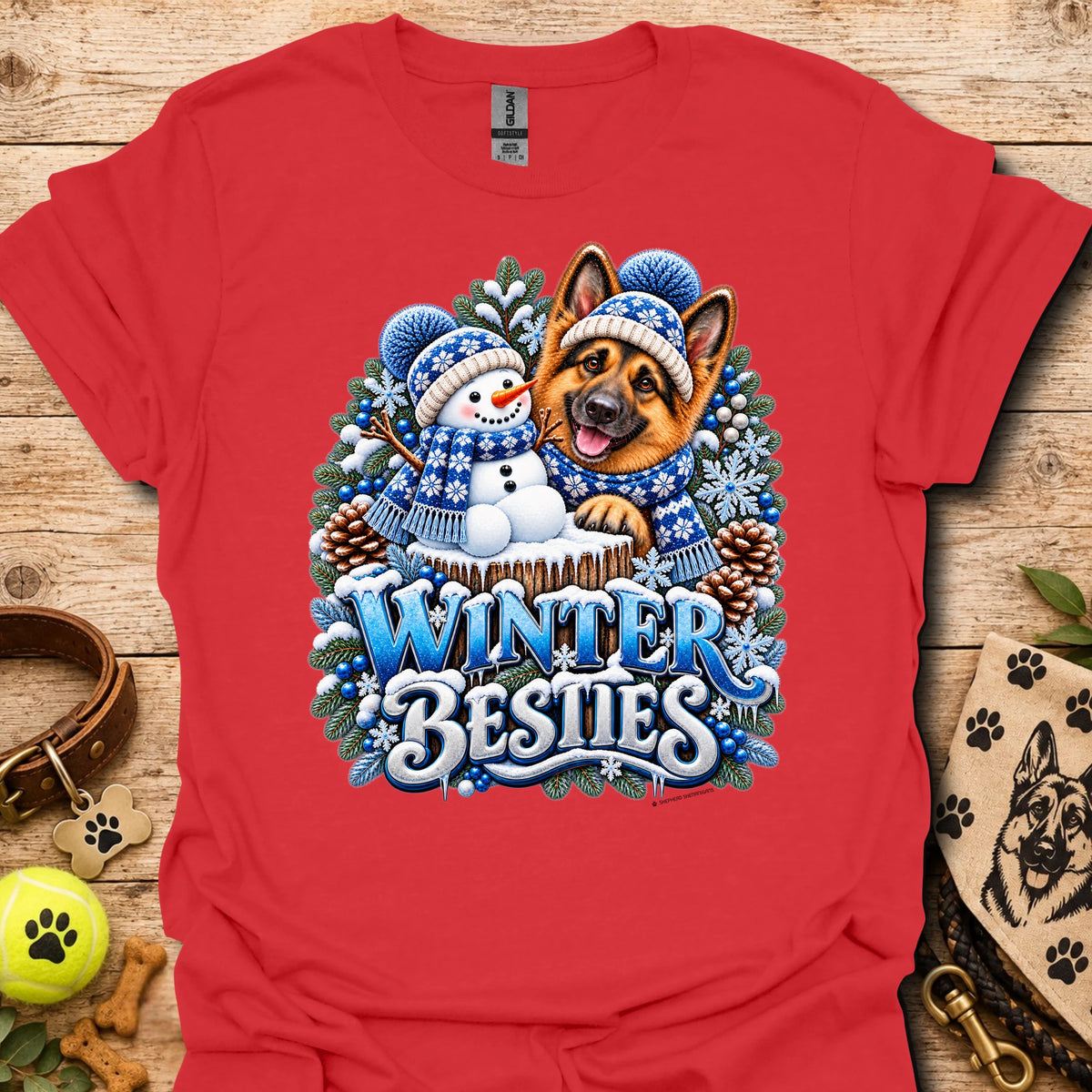 Crewneck T-shirt in red with Winter Besties dog-and-snowman graphic