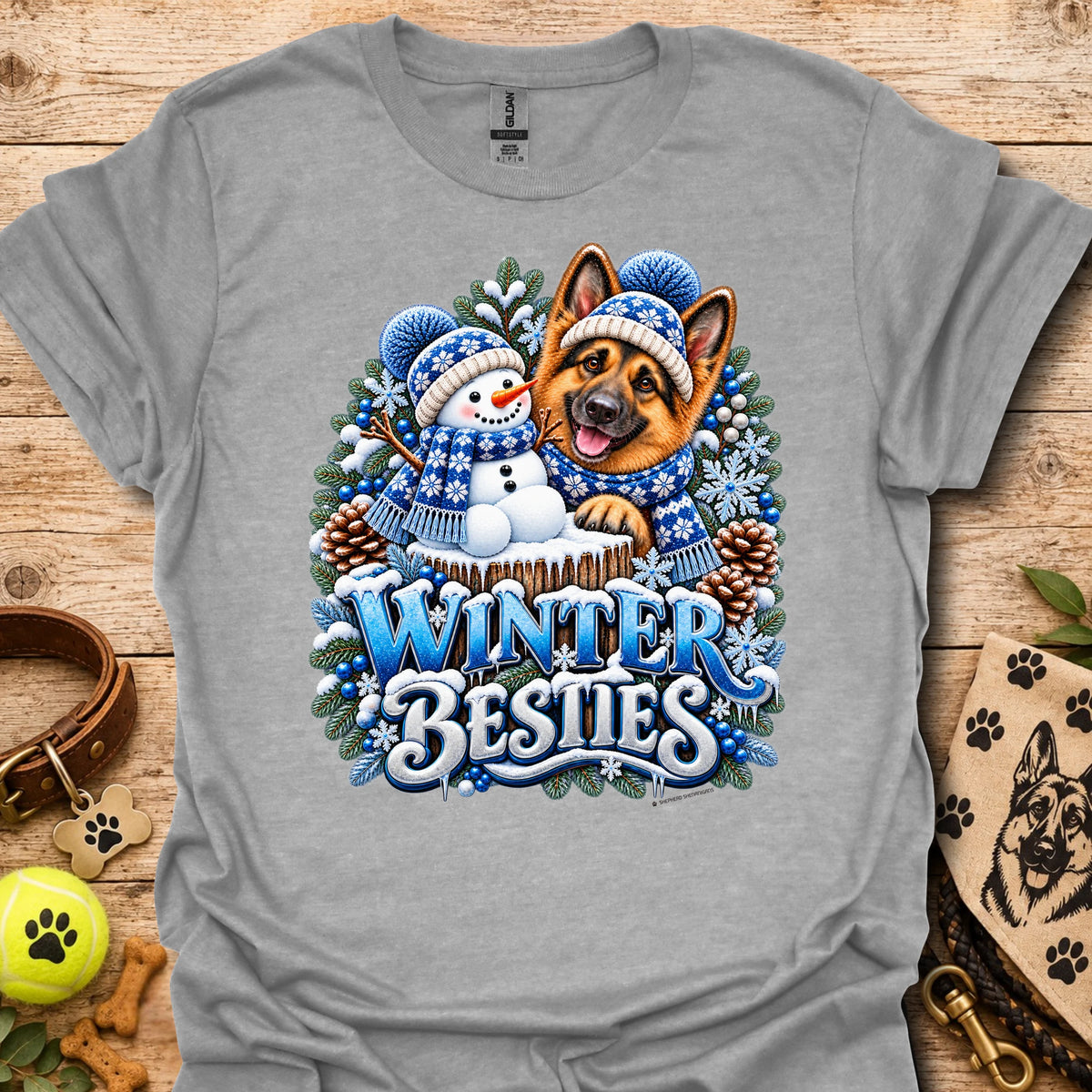 Crewneck T-shirt in heather gray with Winter Besties dog-and-snowman graphic