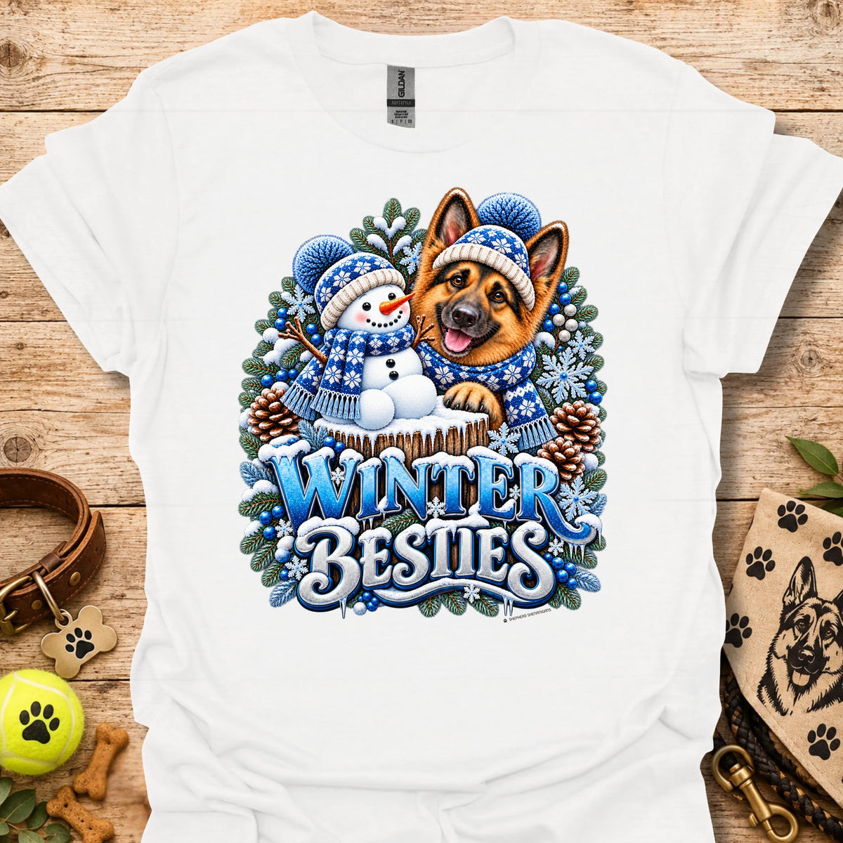 Crewneck T-shirt in white with Winter Besties dog-and-snowman graphic