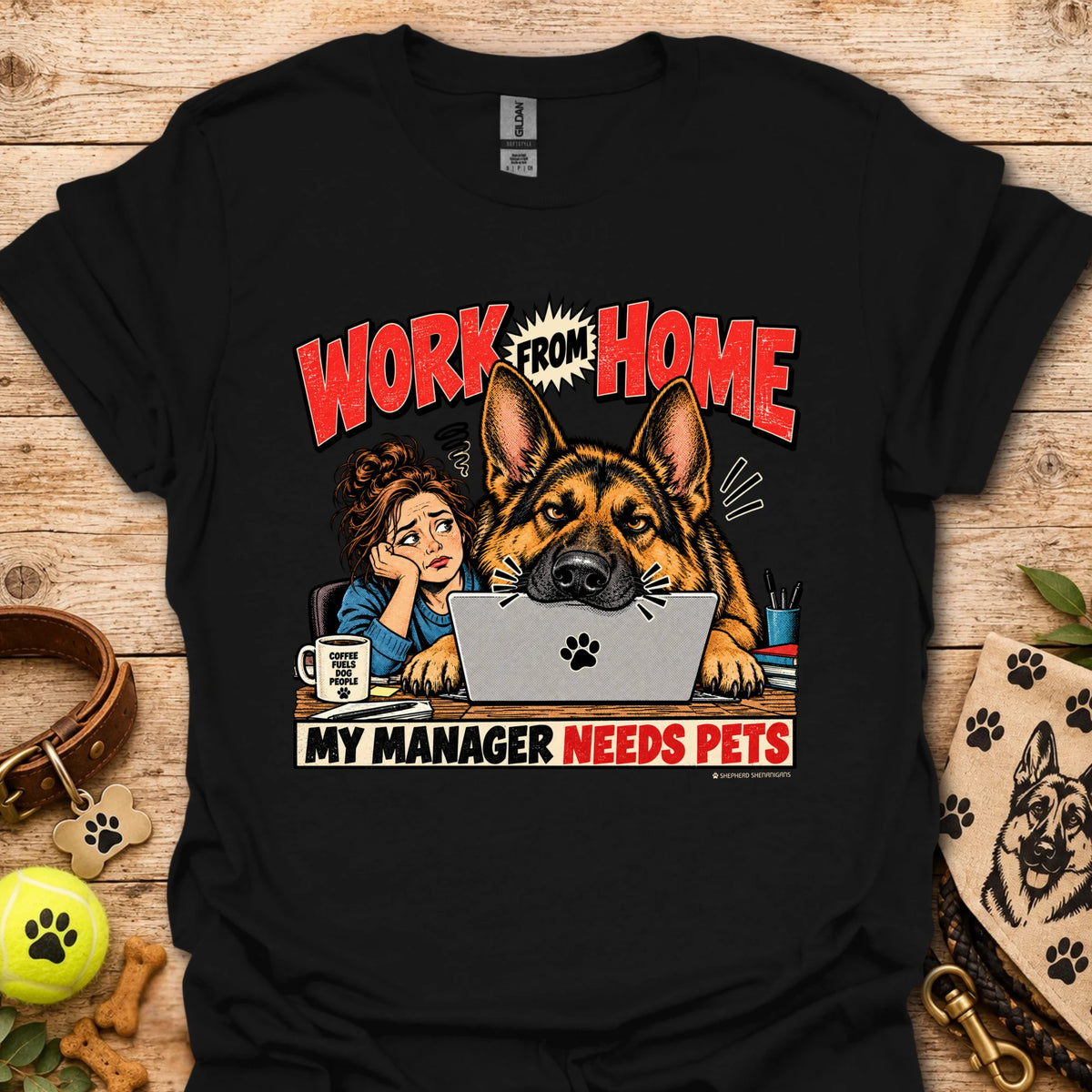 Black work-from-home T-shirt with dog and “Work From Home” graphic
