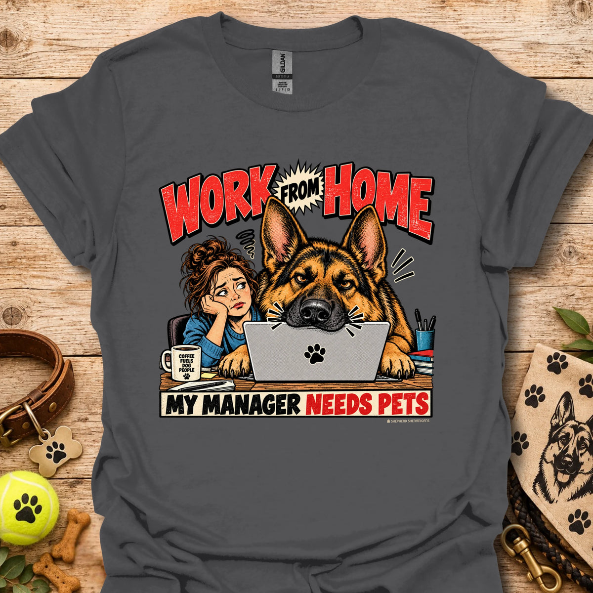 Charcoal work-from-home T-shirt with dog and “Work From Home” graphic