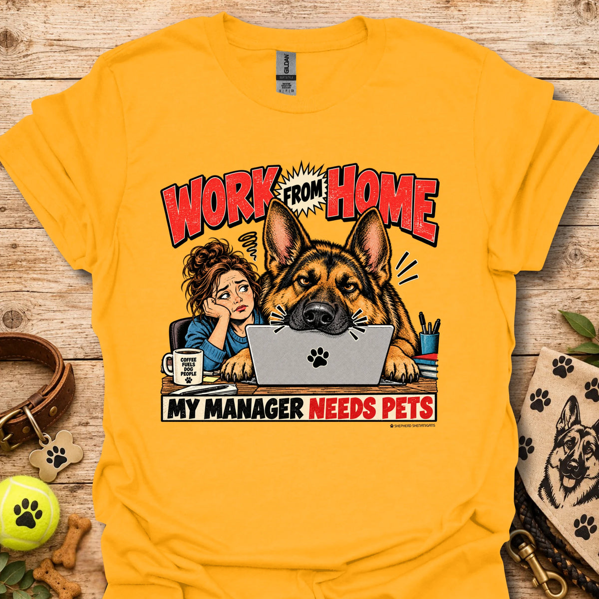 Gold work-from-home T-shirt with dog and “Work From Home” graphic