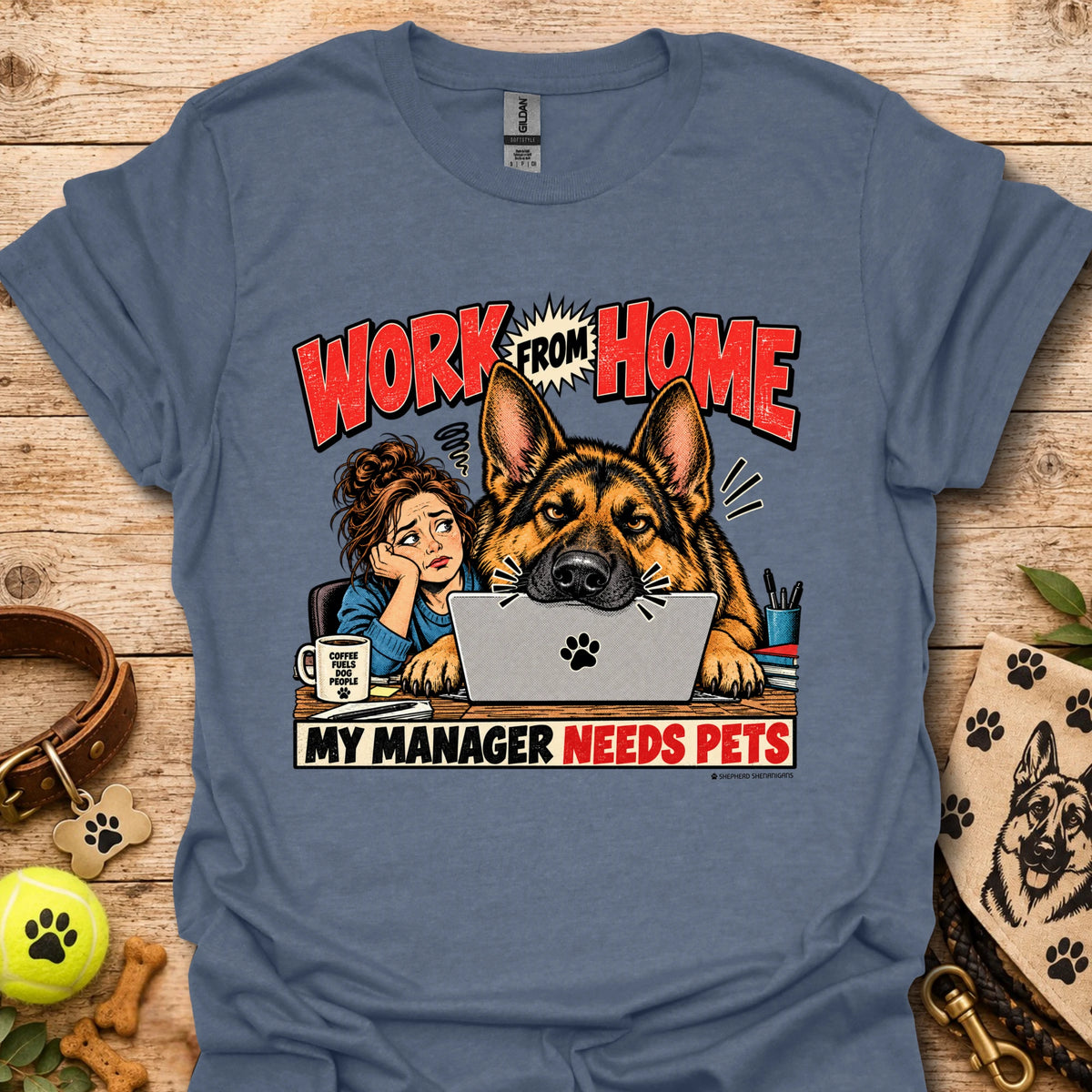 Light blue work-from-home T-shirt with dog and “Work From Home” graphic