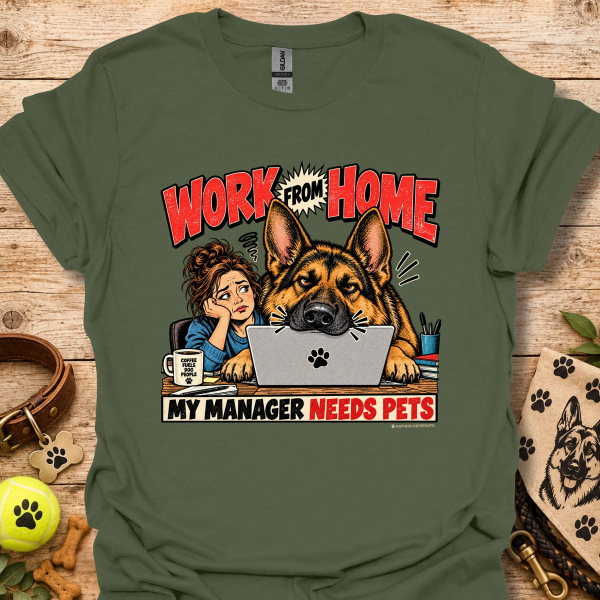 Military green work-from-home T-shirt with dog and “Work From Home” graphic