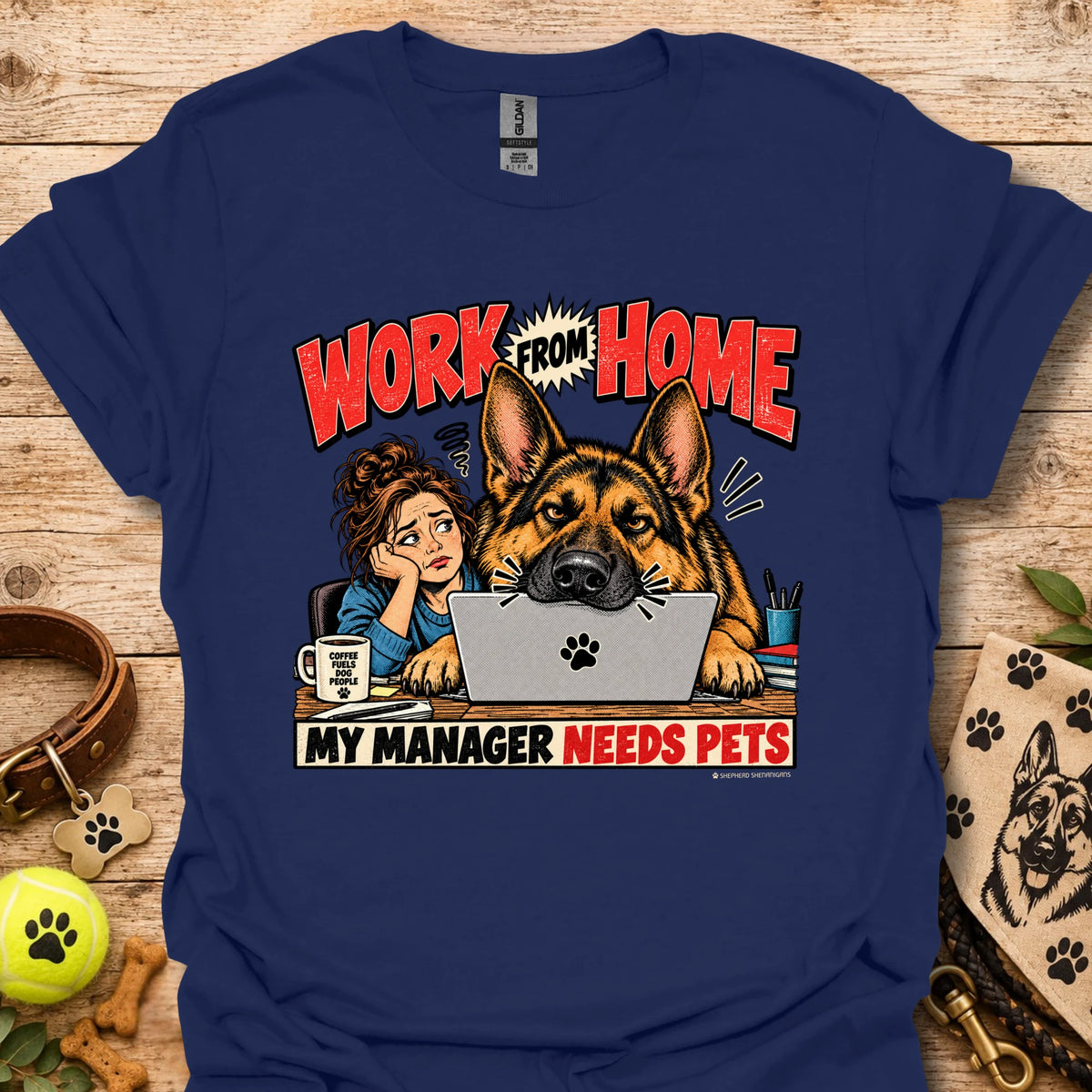 Navy work-from-home T-shirt with dog and “Work From Home” graphic