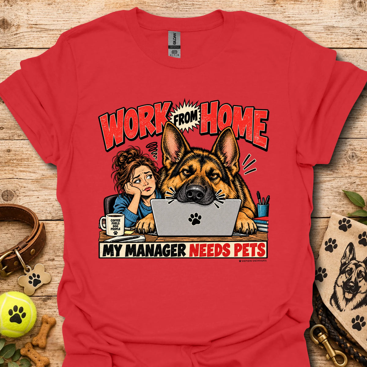 Red work-from-home T-shirt with dog and “Work From Home” graphic