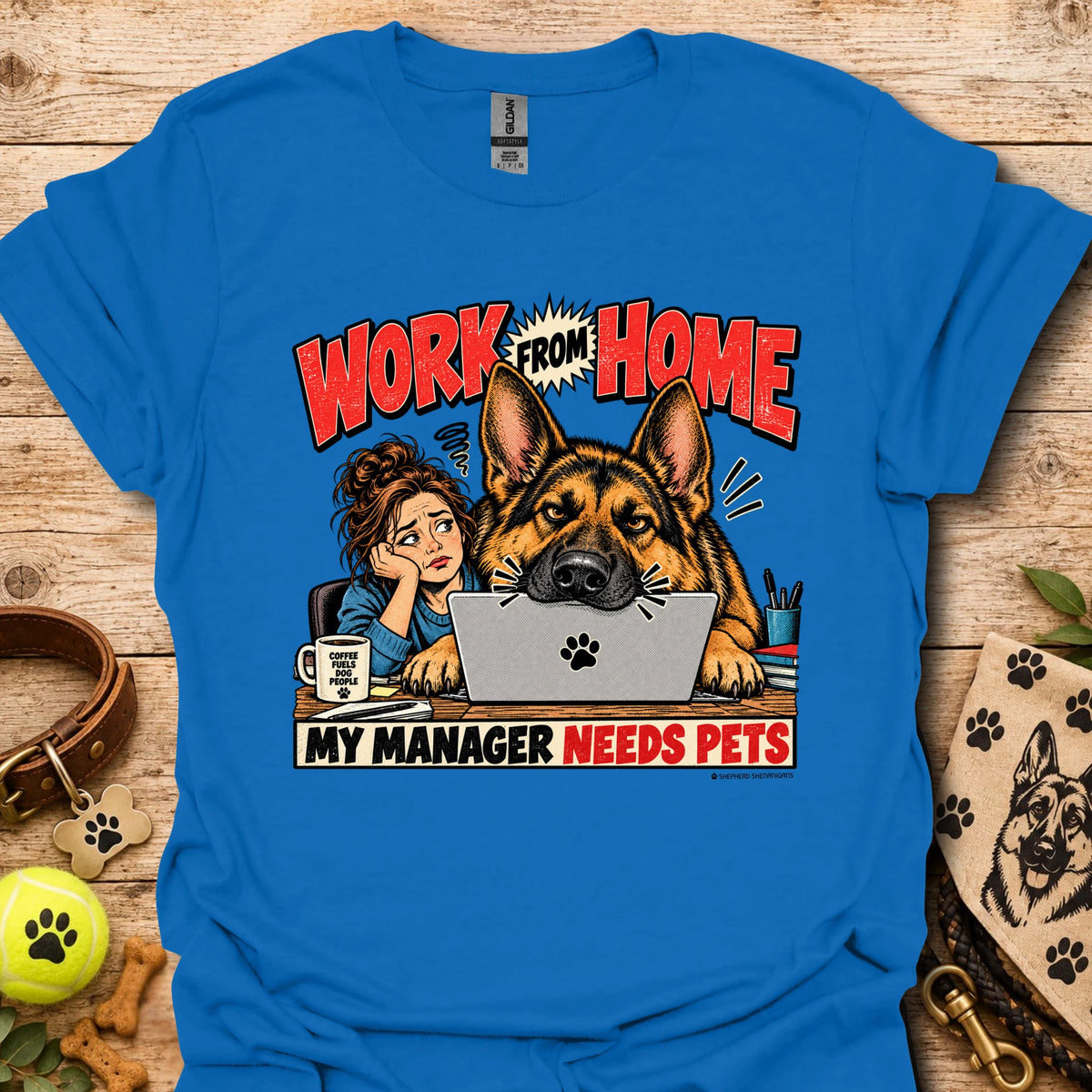 Royal blue work-from-home T-shirt with dog and “Work From Home” graphic