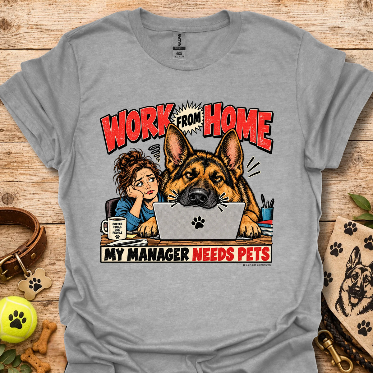 Heather gray work-from-home T-shirt with dog and “Work From Home” graphic