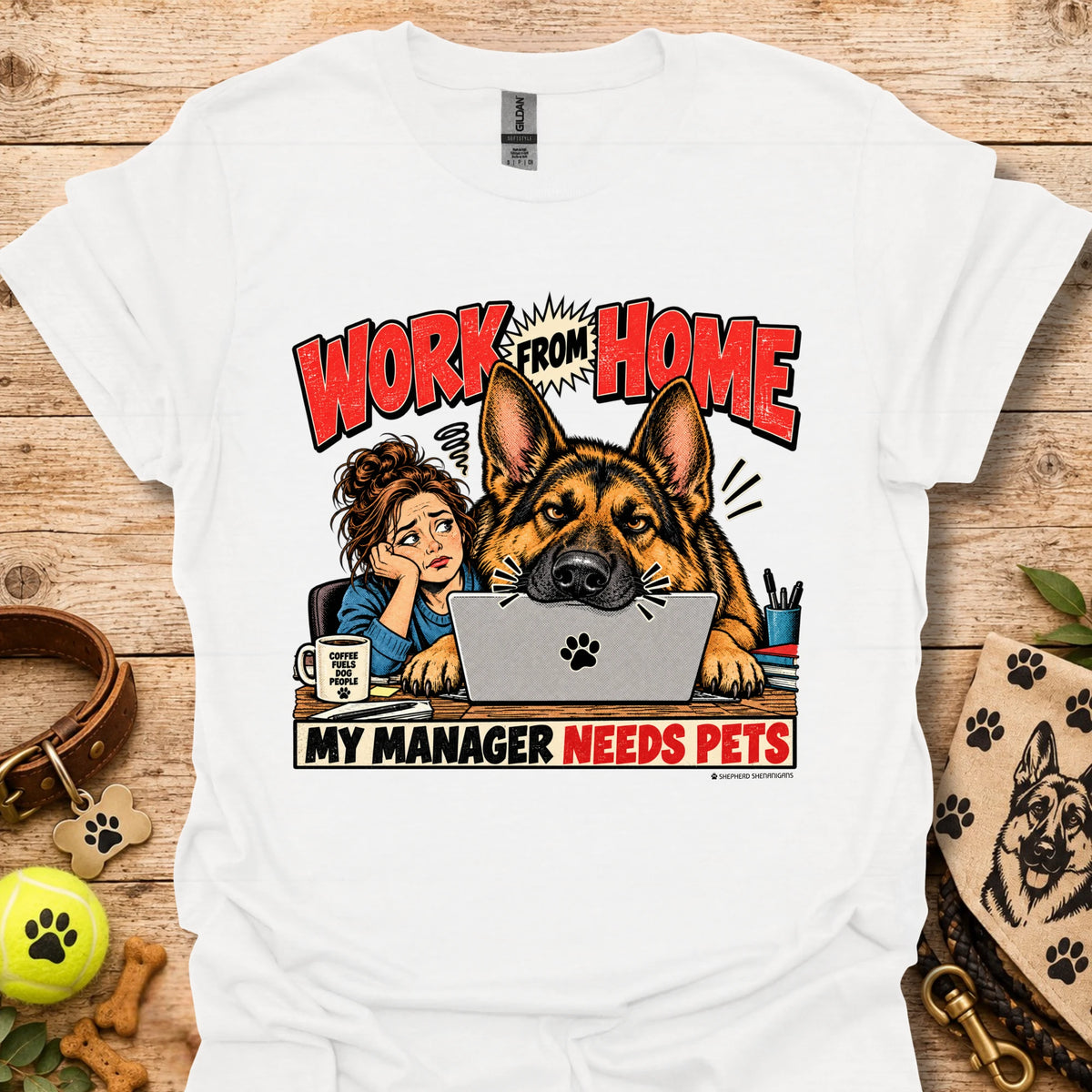 White work-from-home T-shirt with dog and “Work From Home” graphic