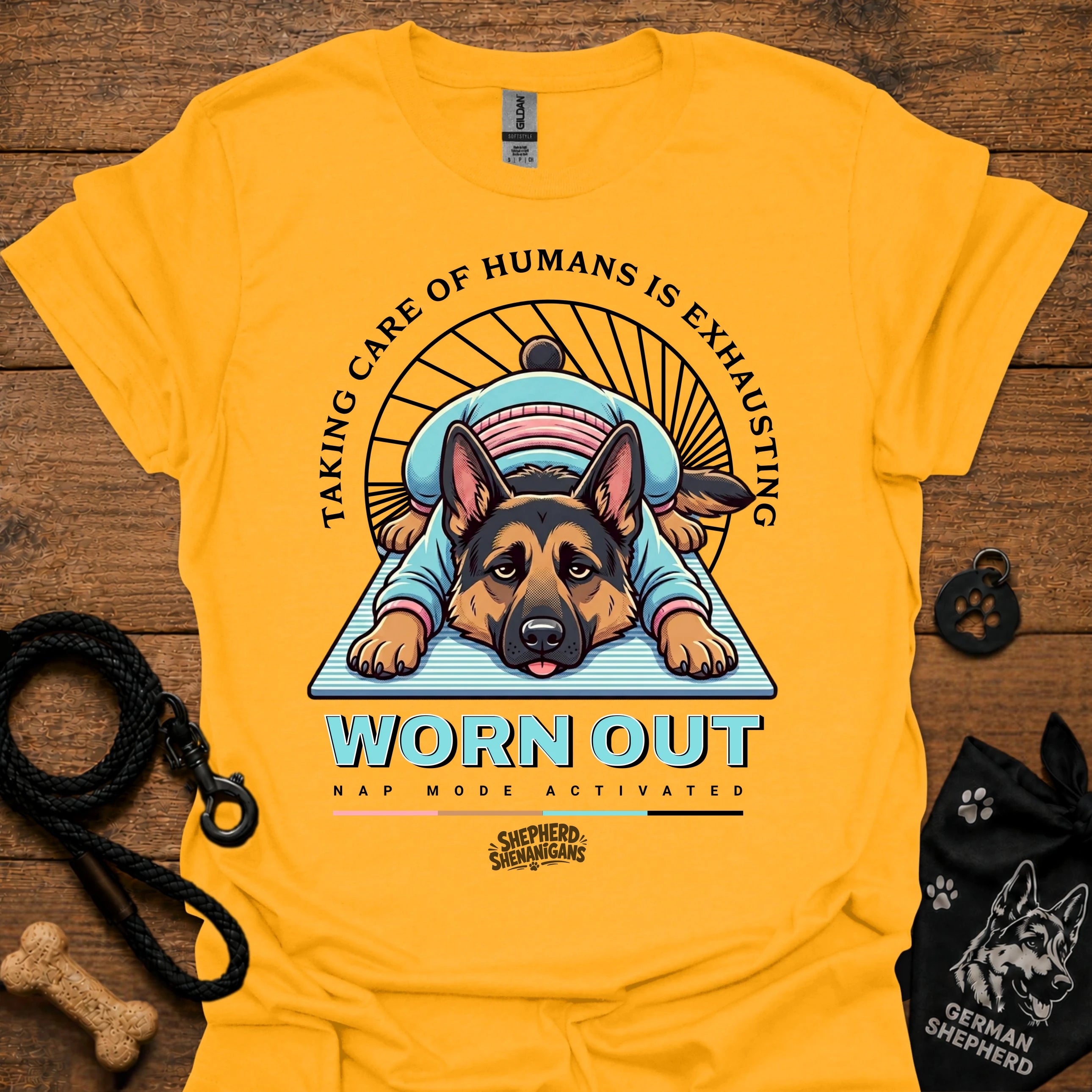 WORN OUT graphic dog T-shirt, gold/yellow color