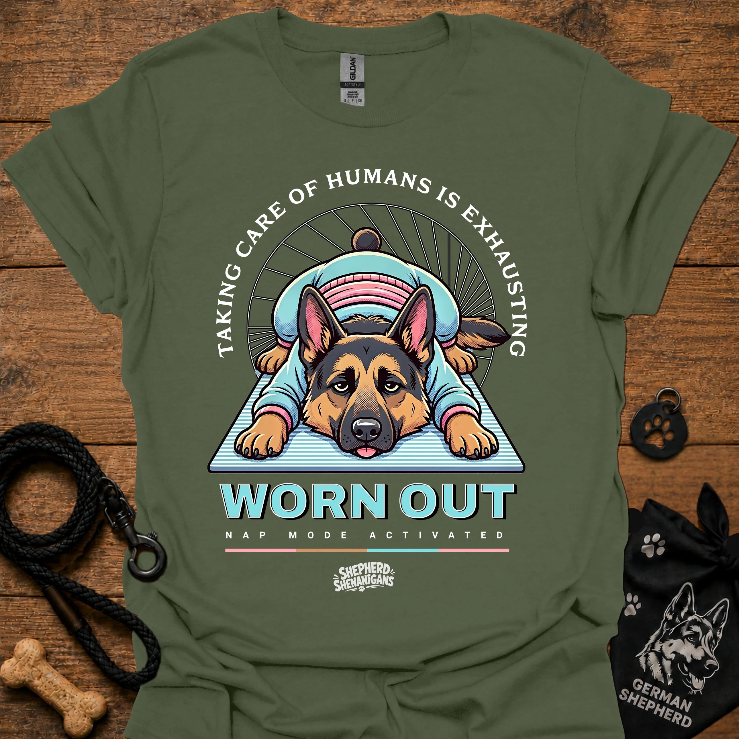 WORN OUT graphic dog T-shirt, military green color