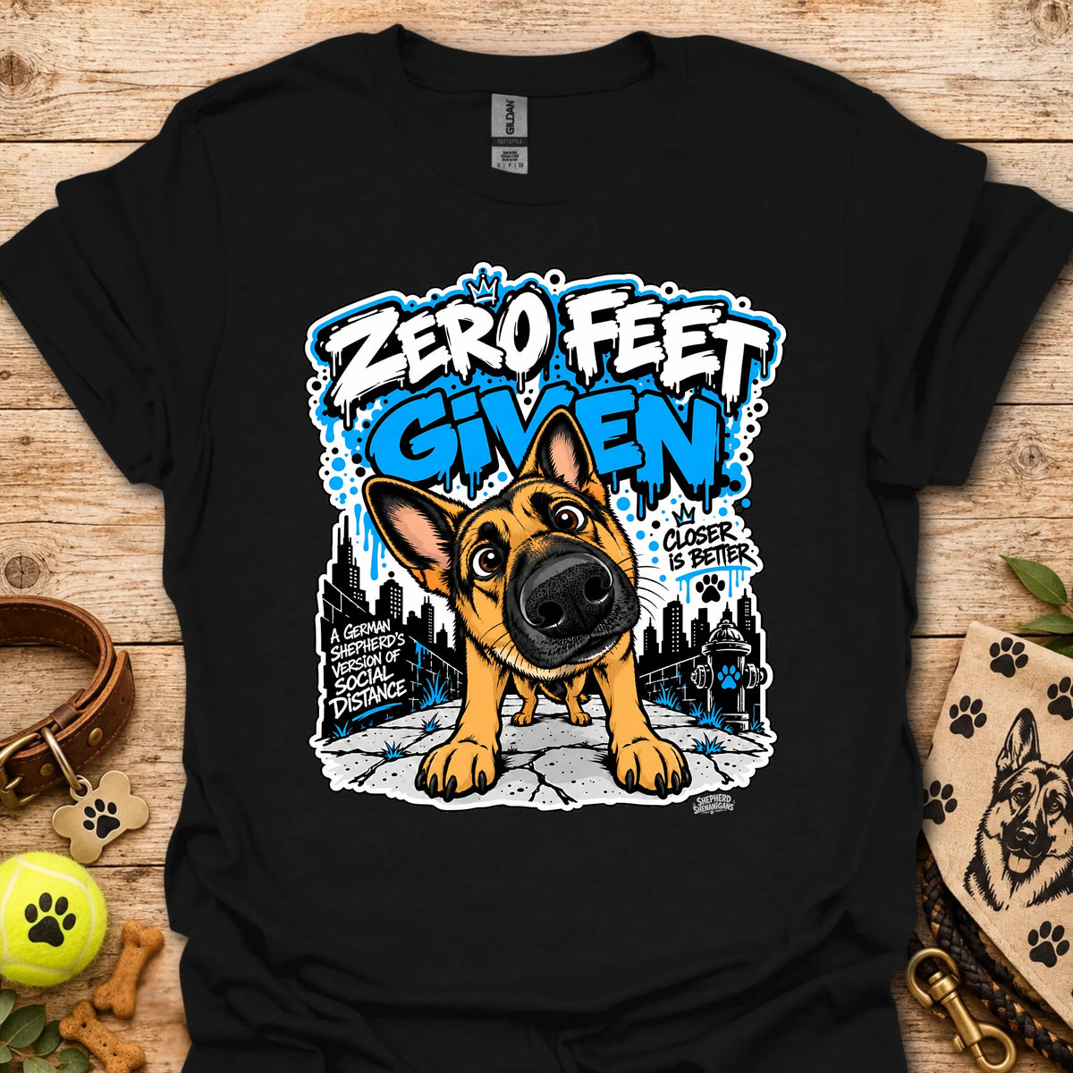 Black crewneck T-shirt with colorful dog graphic and front slogan print