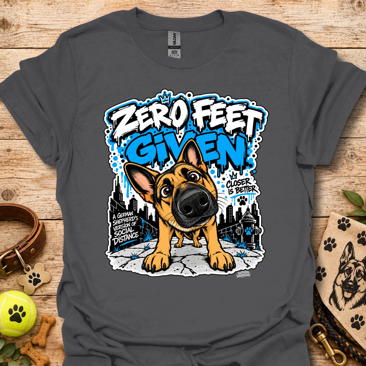 Navy crewneck T-shirt with colorful dog graphic and front slogan print