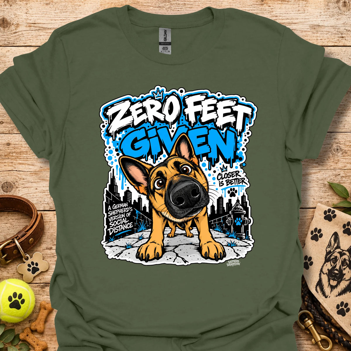 Military green crewneck T-shirt with colorful dog graphic and front slogan print
