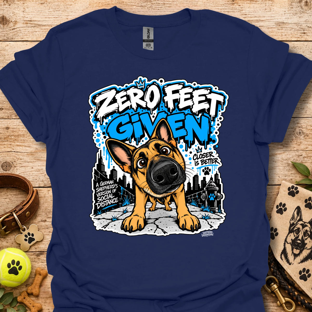 Heather indigo crewneck T-shirt with colorful dog graphic and front slogan print