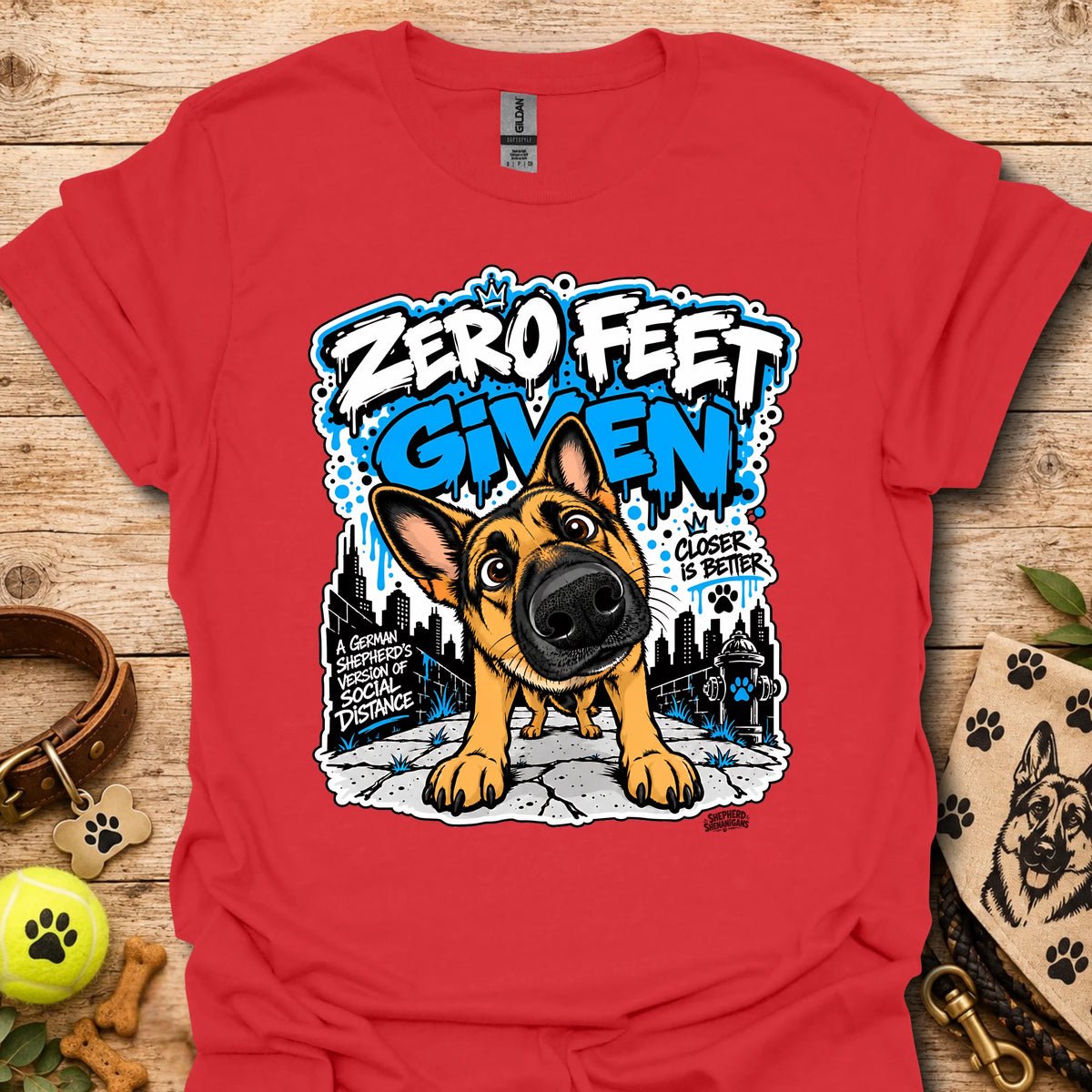 Red crewneck T-shirt with colorful dog graphic and front slogan print