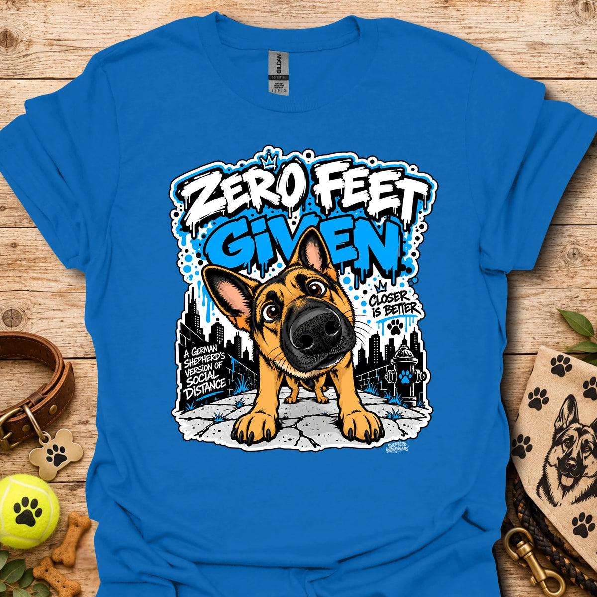 Royal blue crewneck T-shirt with colorful dog graphic and front slogan print